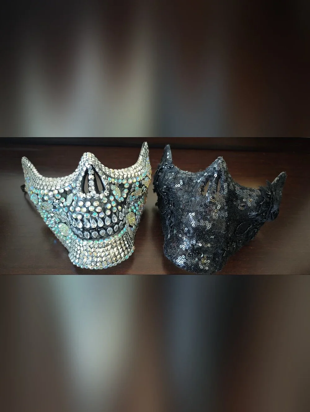 NWOT 2 Pc Halloween Skeleton Half Mask Set Sequin Rhinestone